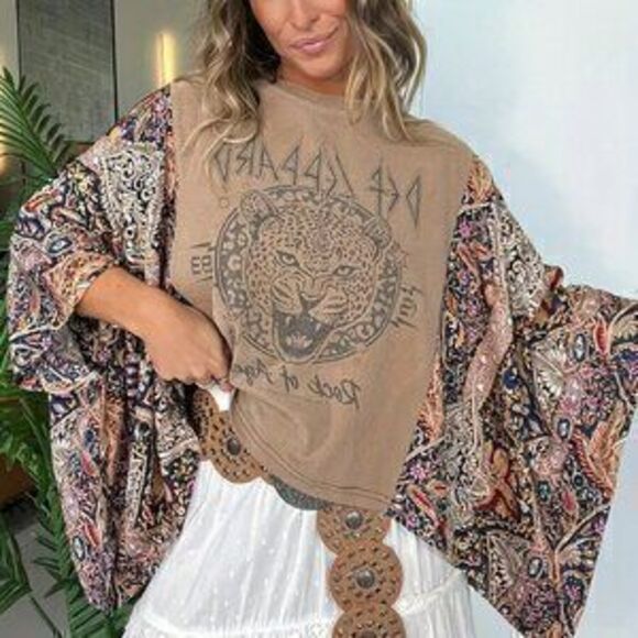 Tops - Khaki Casual Women's Graphic Mixed Pattern T-Shirt -
